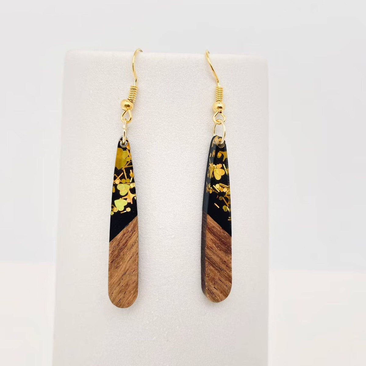 Black with Gold Glitter Geometric Wooden Resin Splicing Earrings