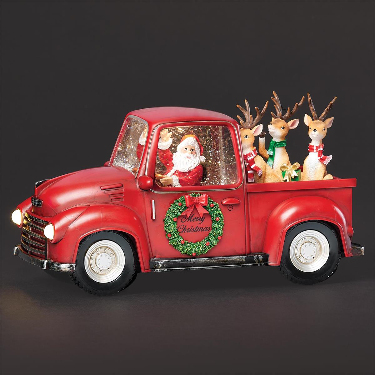6"H LIGHTED SWIRL TRUCK WITH SANTA DRIVER AND REINDEER