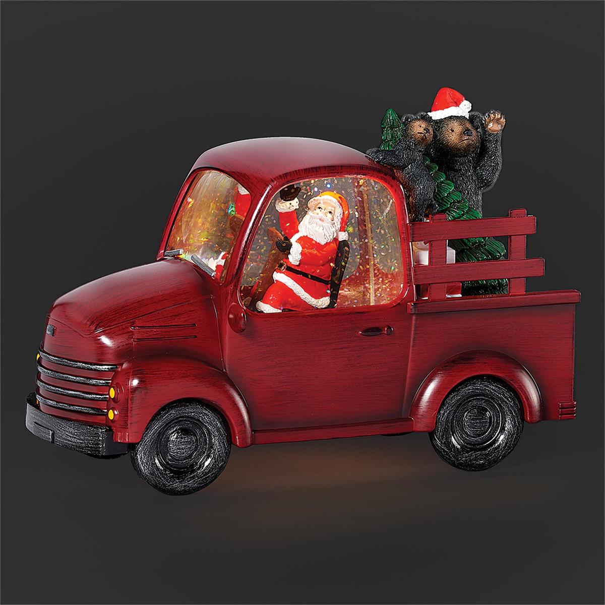 6.75"H LIGHTED SWIRL TRUCK W- SANTA, BLACK BEAR & TREE