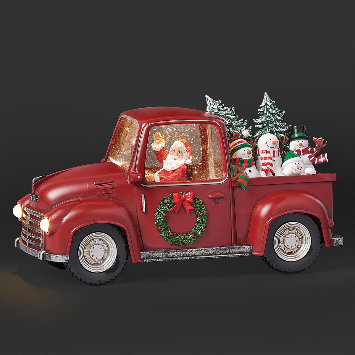 7"H LIGHTED SWIRL TRUCK W- SANTA DRIVER AND SNOWMEN