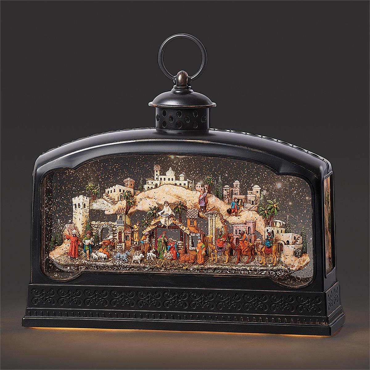 9.5"H LIGHTED MUSICAL SWIRL LANTERN NATIVITY W- VILLAGE