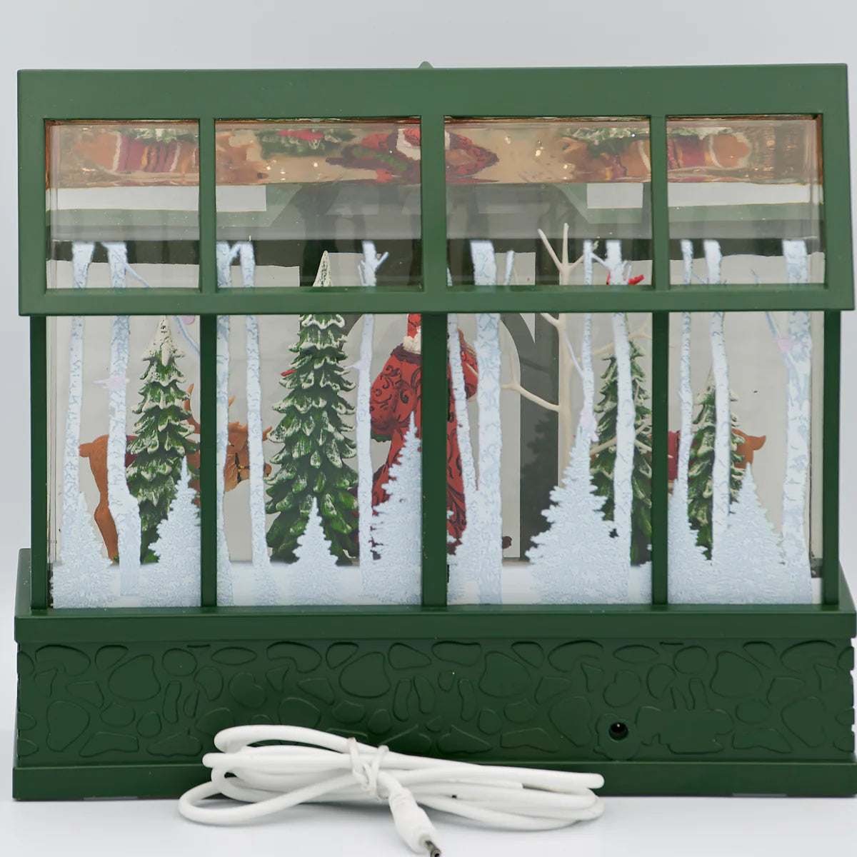 8"H Confetti Lites Lighted Swirl Greenhouse with Santa, Reindeer & Cardinals
