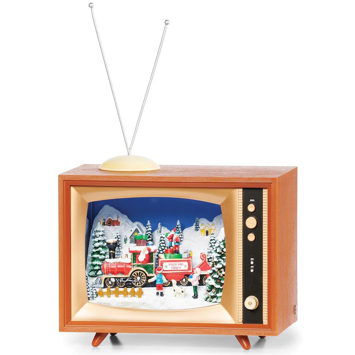 10"H LIGHTED MUSICAL TV TRAIN ENGINE, SANTA WAVING