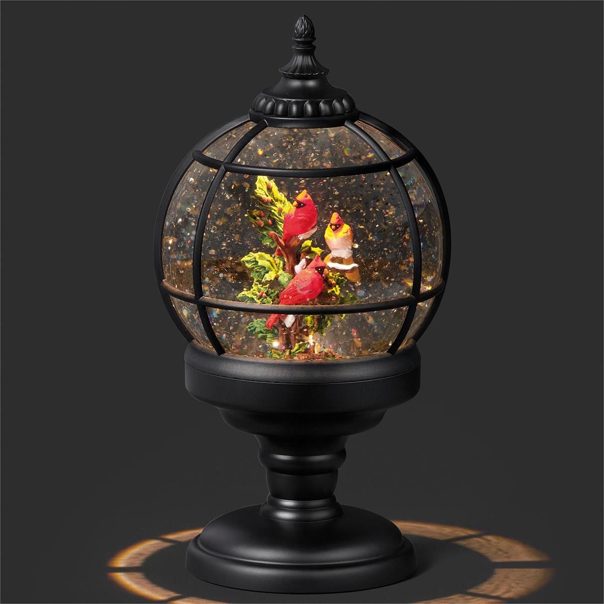 9.5"H LIGHTED SWIRL SPHERE 3 CARDINALS ON BRANCH