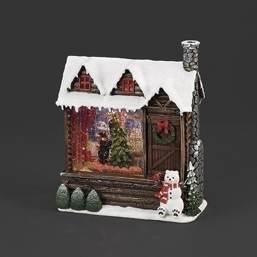 LIGHTED SWIRL CABIN WITH BEAR DECORATING TREE SCENE 9"H