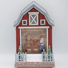 Load image into Gallery viewer, 10"H Confetti Lites Lighted Swirl Barn with Santa Feeding Reindeer