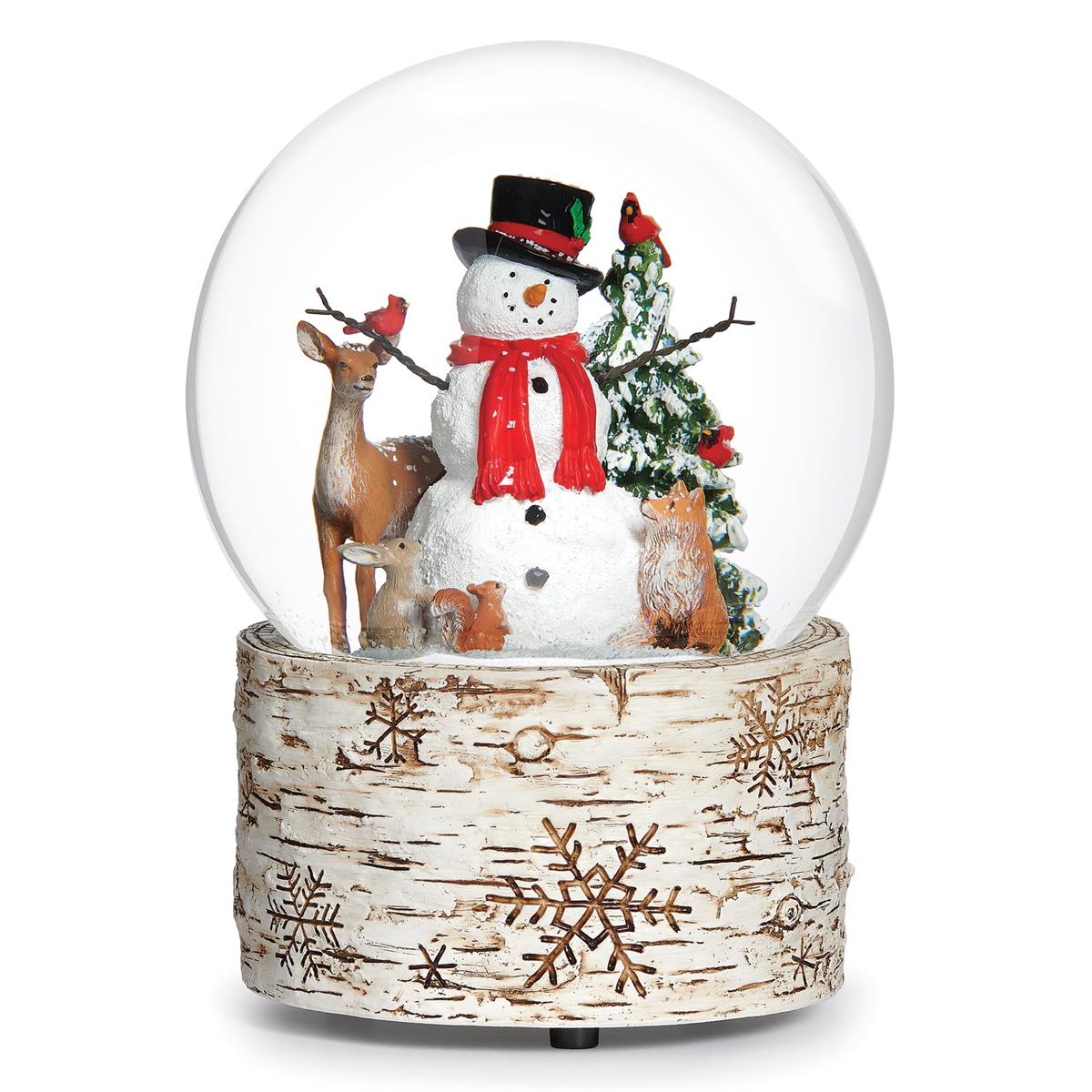 6.5"H MUSICAL SNOWMAN DOME W/ ANIMALS BIRCH BASE