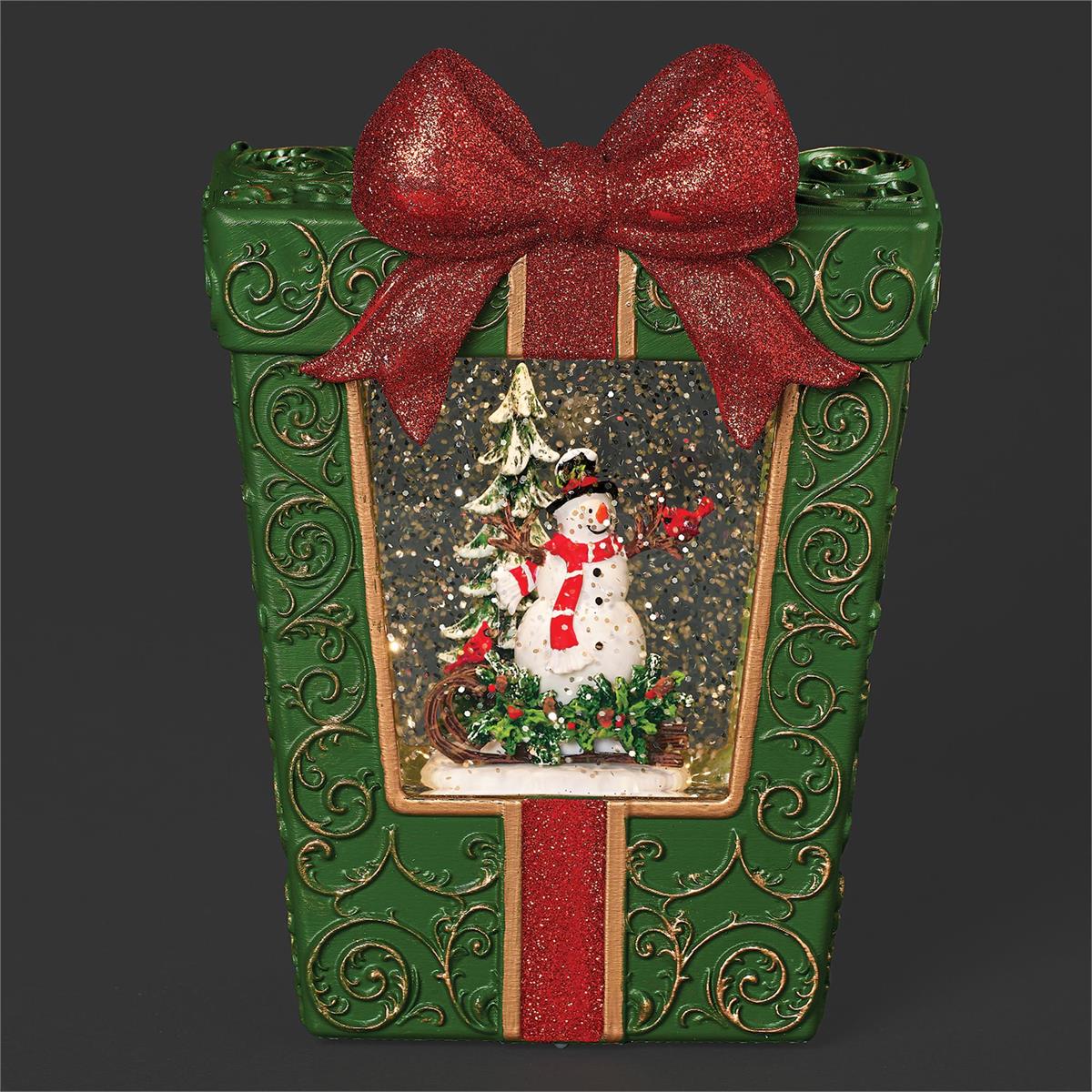 8"H LIGHTED SWIRL PRESENT WITH SNOWMAN SCENE