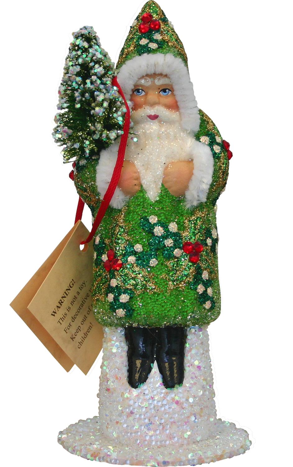 Santa Green Beaded Schaller Paper Mache Candy Container Lone Crow