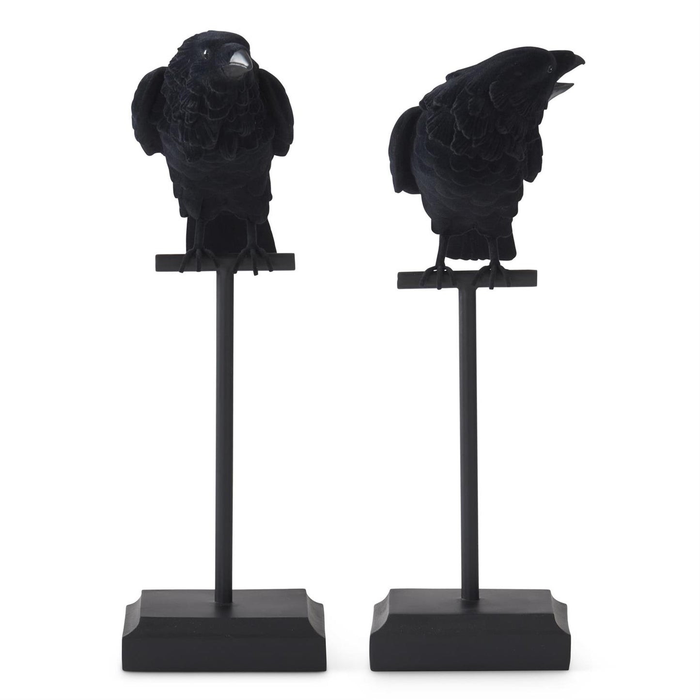 Set of 2 Black Velvet Resin Crows on Metal Perch