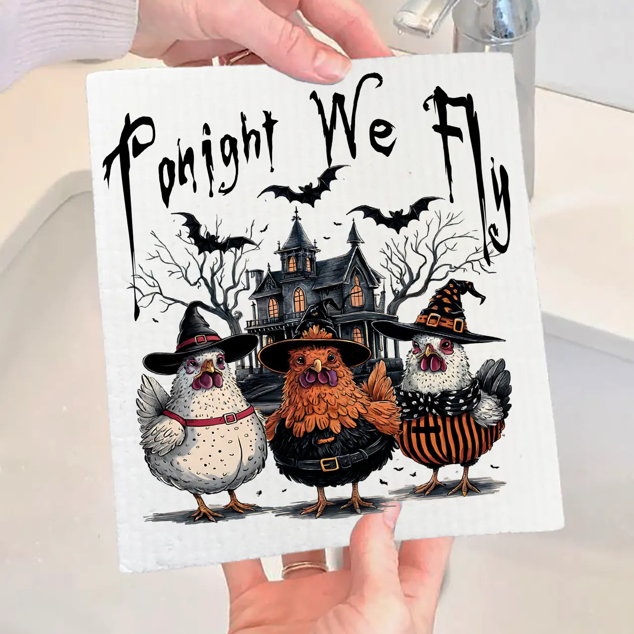 Halloween Chickens Tonight We Fly Swedish Dishcloth