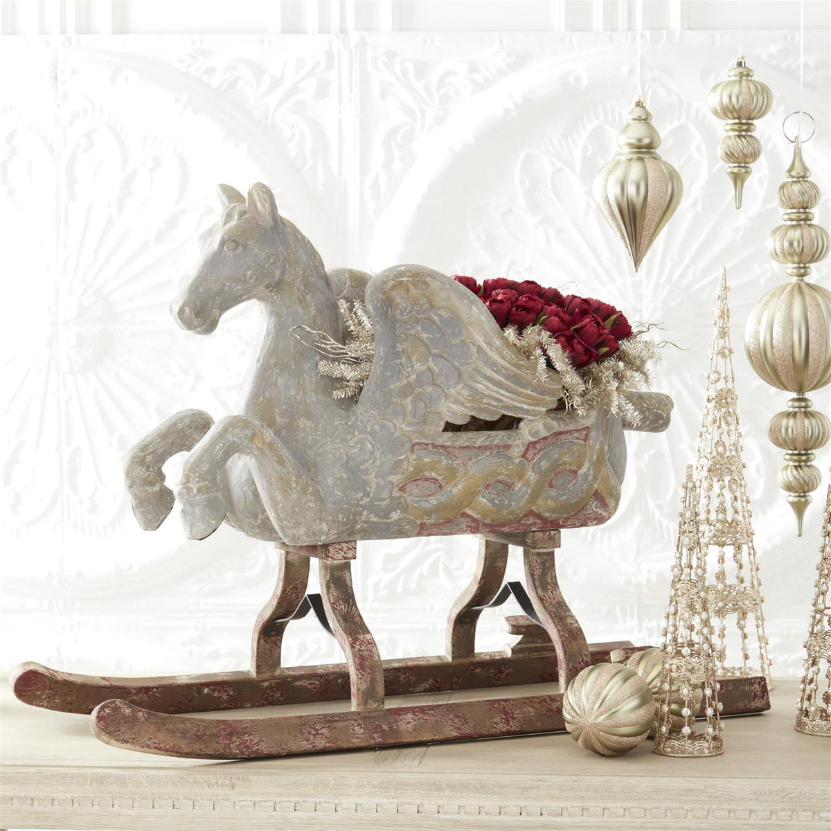 48 Inch Resin Antique Pegasus Horse on Wood Sled