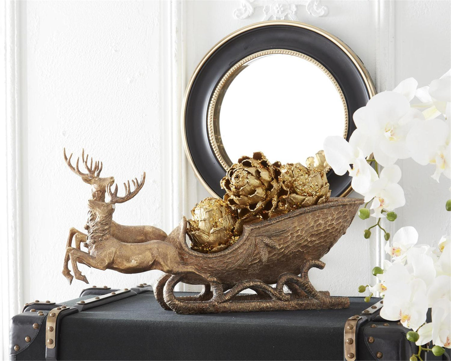 25" 2 Resin Deer Pulling Sleigh w/Antiqued Gold Finish