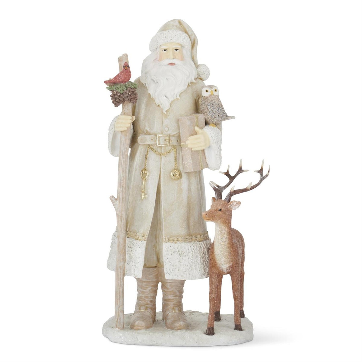15.25 Inch Resin Cream Coat Santa w/Cardinal Owl & Reindeer