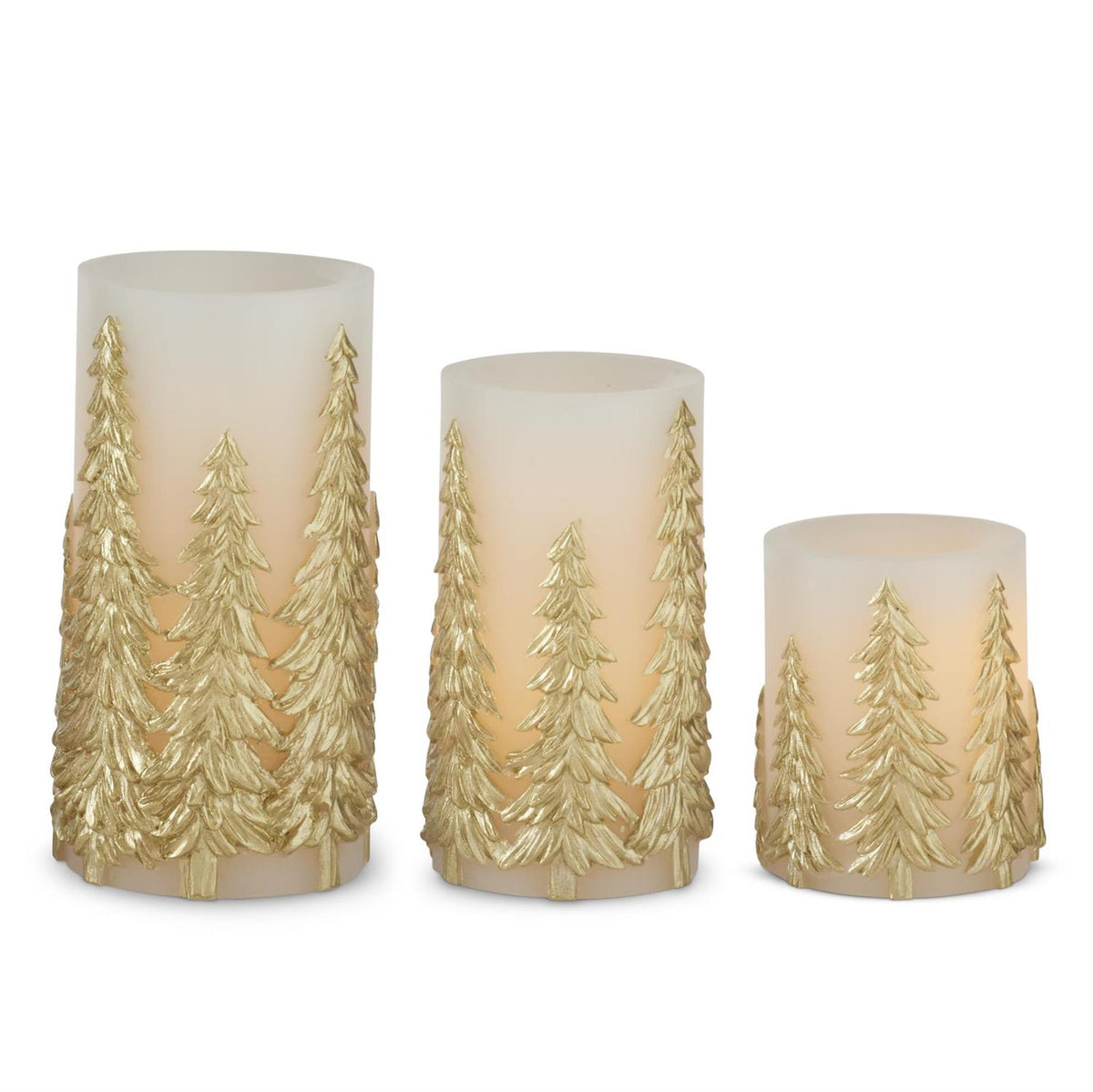 Gold Embossed Trees LED Pillar Candles w/Timers, SM, MED or LG