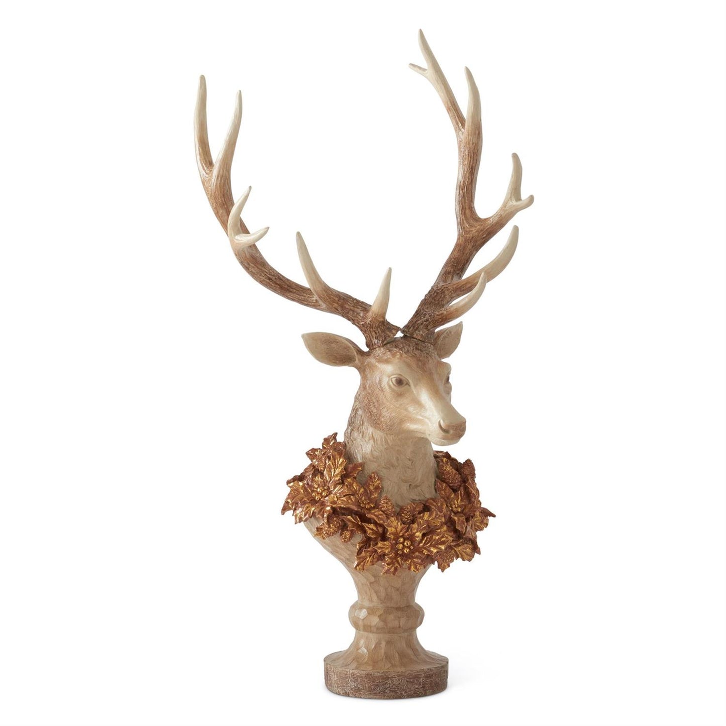 30.5" Resin Faux Woodgrain Deer Bust on Pedestal w/Gold Wreath