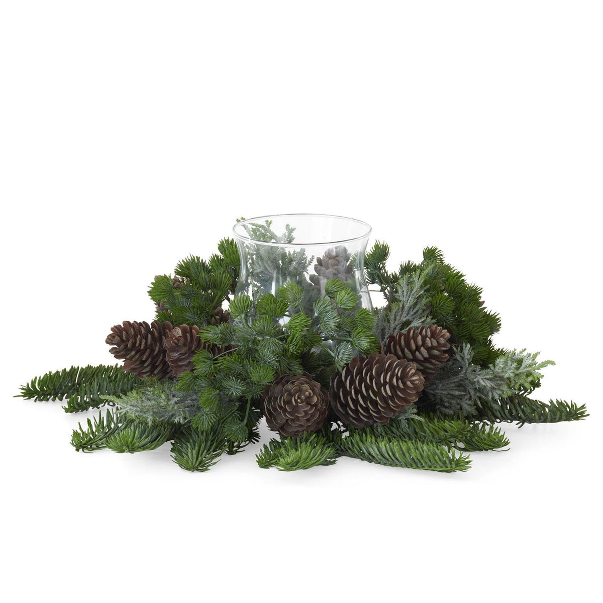 16" Mixed Pine & Pinecones Candle Ring w- Glass Hurricane