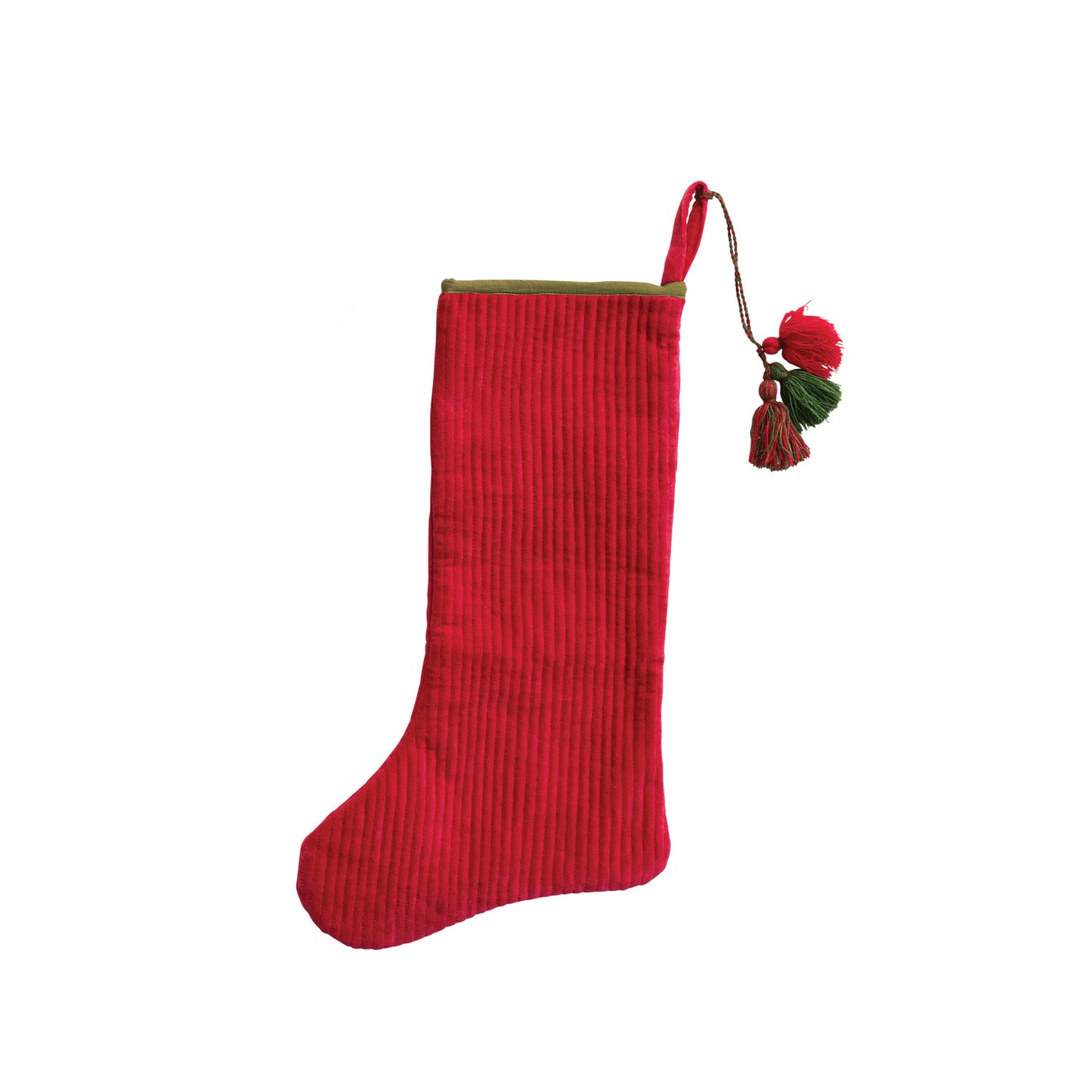 20" Quilted Cotton Velvet Stocking w- Tassels, Red/Green