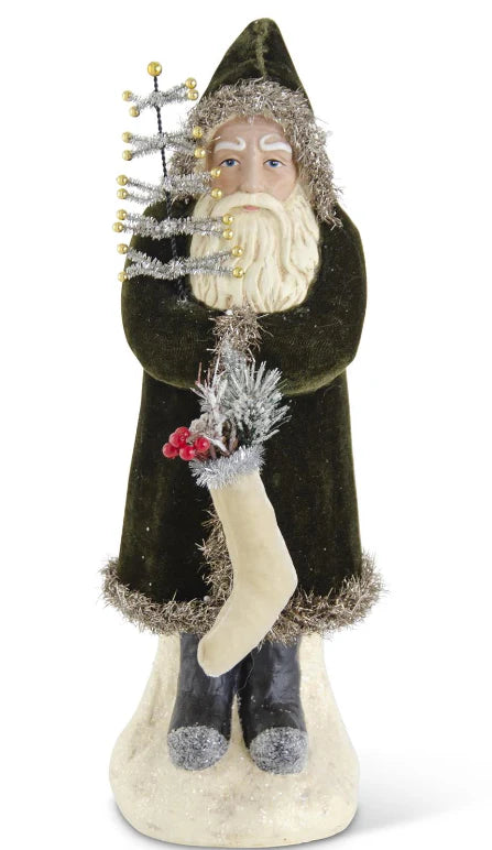 16.75" Santa in Dark Green Coat Holding Tree/Stocking