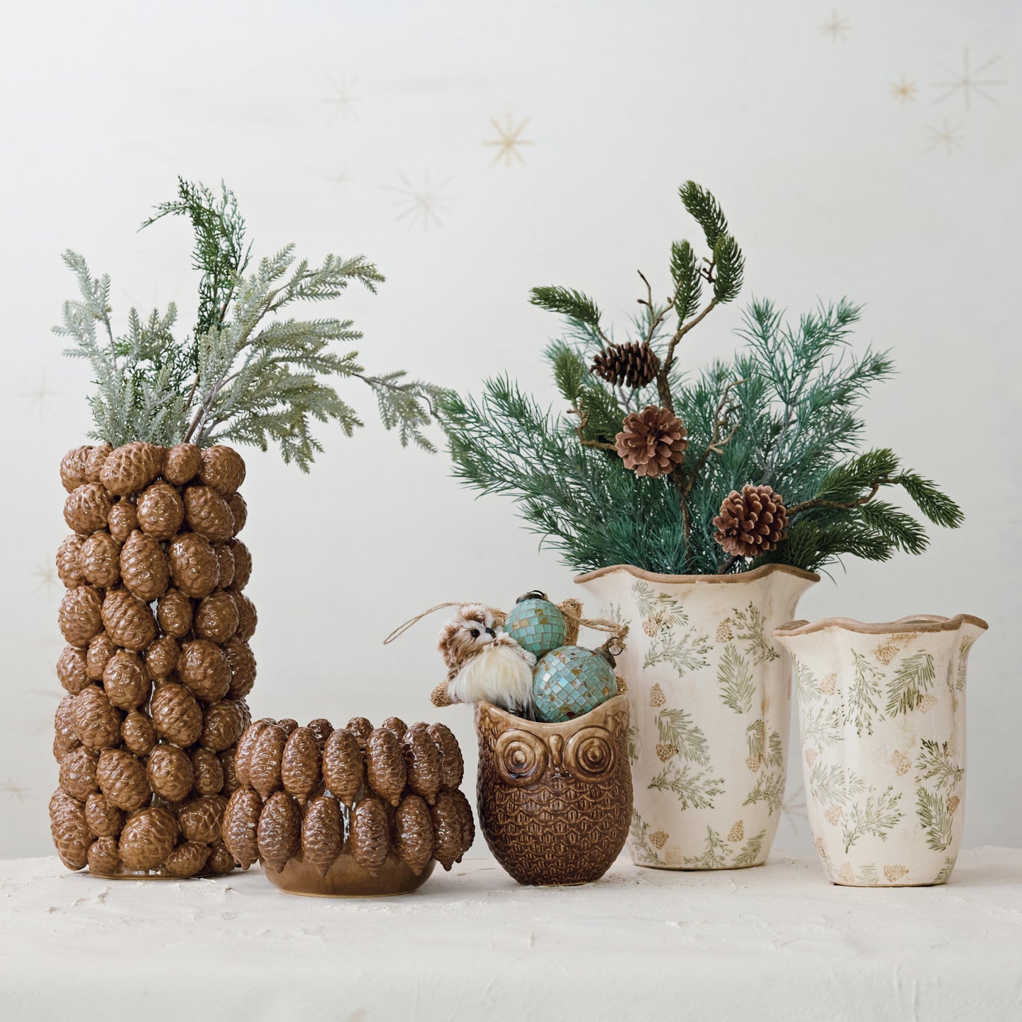 Stoneware Vase w- 3D Pinecones, 16" T