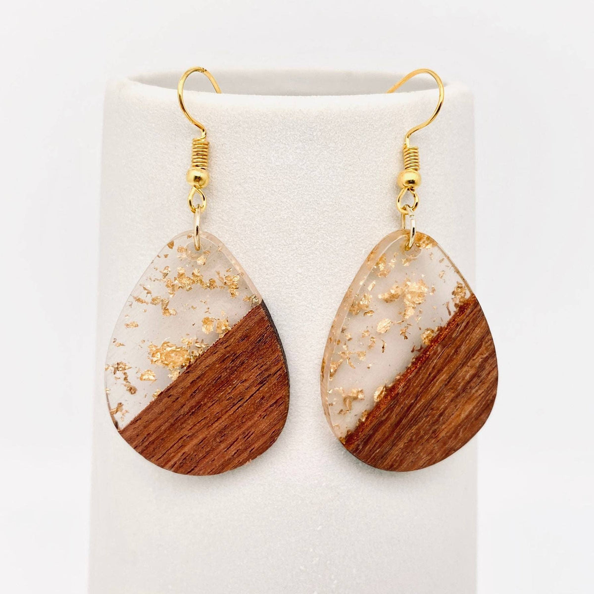 Geometric Shape Resin Wooden Dangle Earrings: Transparent with Gold Foil