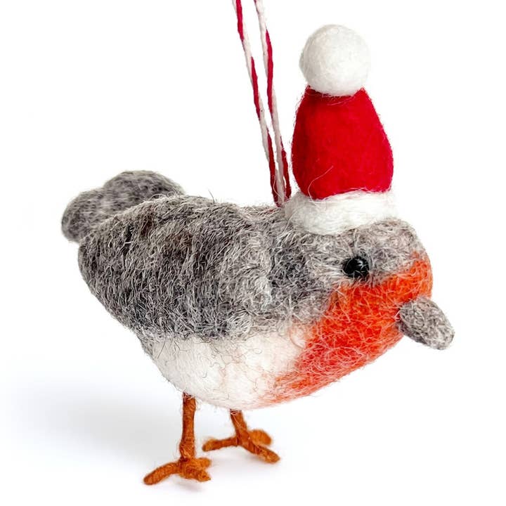Bird in Santa Hat Wool Ornament