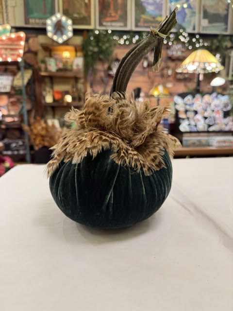 6" Velvet Pumpkin with Feather Collar