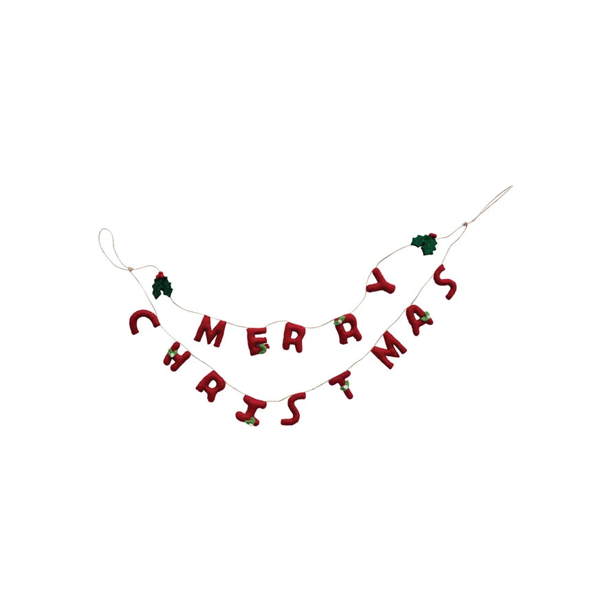 30" Handmade 'Merry Christmas' Garland w/ Holly Leaves & Berries