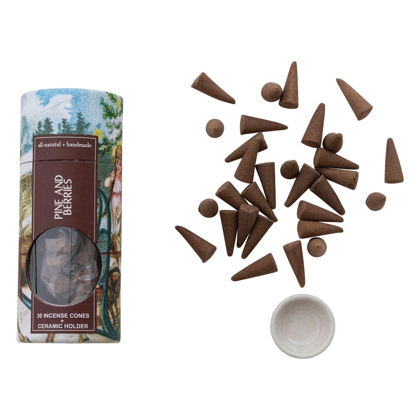 Incense Cones with Ceramic Holder, Pine and Berries Scent