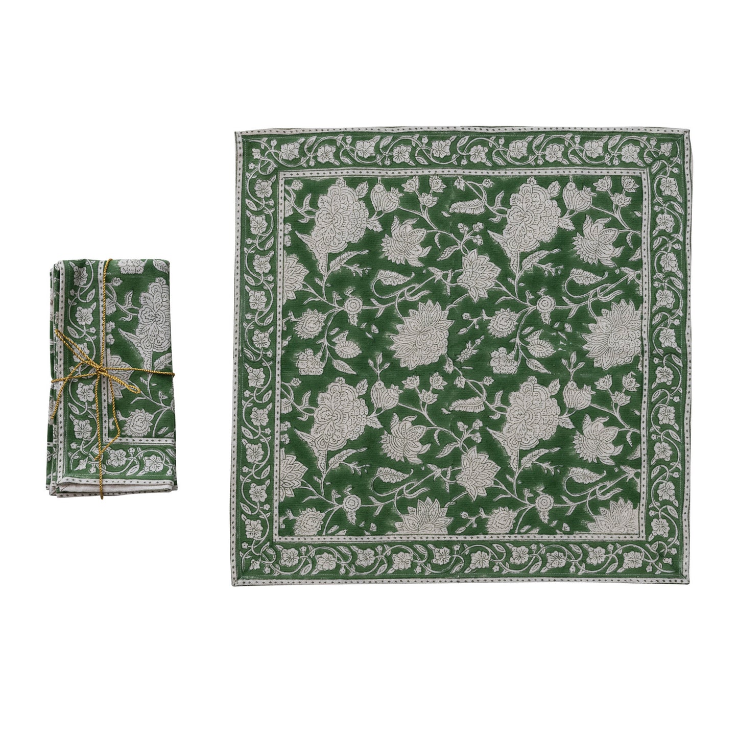 S/4 Cotton Block Print Napkins w Floral Pattern, Green & White