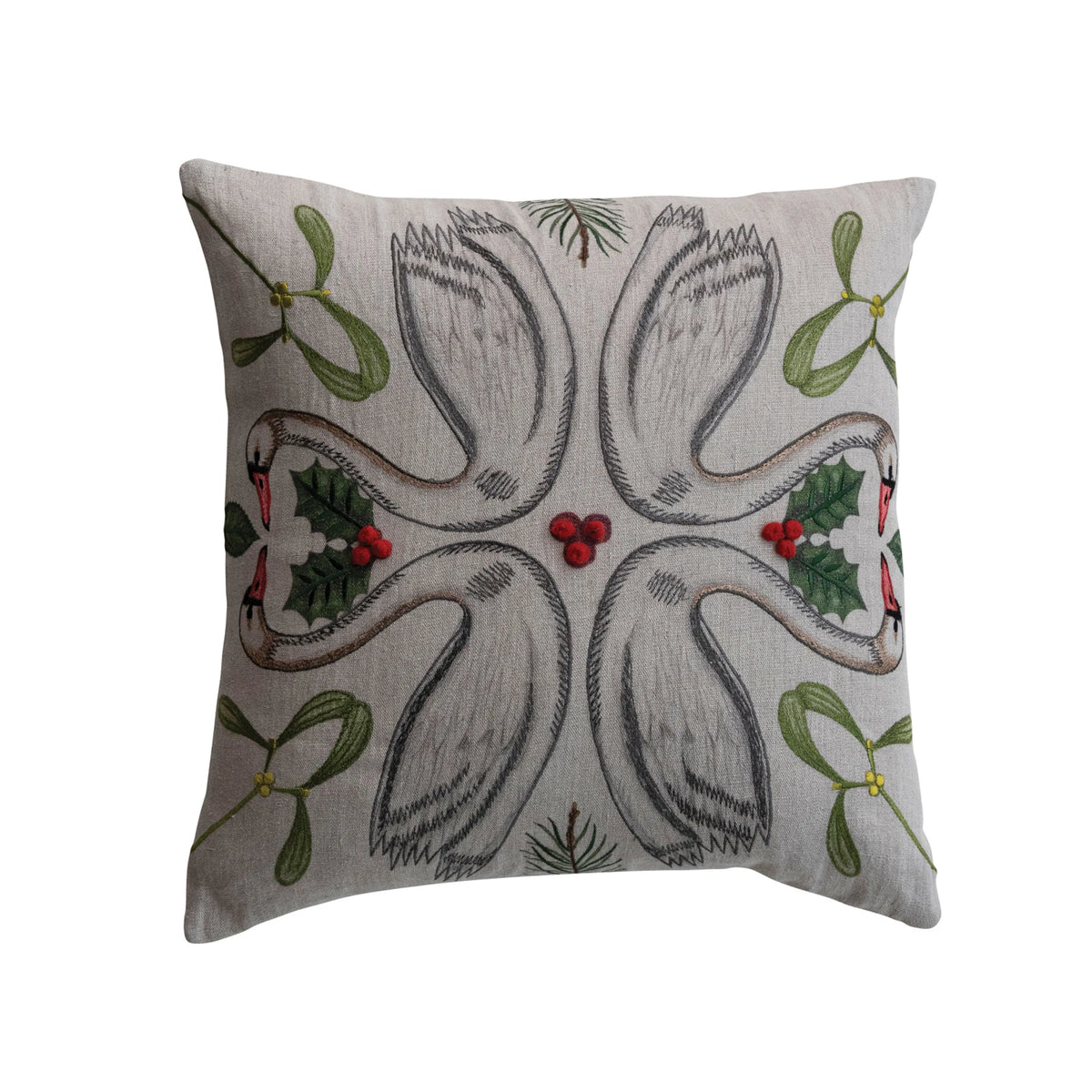 20" Linen Pillow w- Seasonal Botanicals, Swans