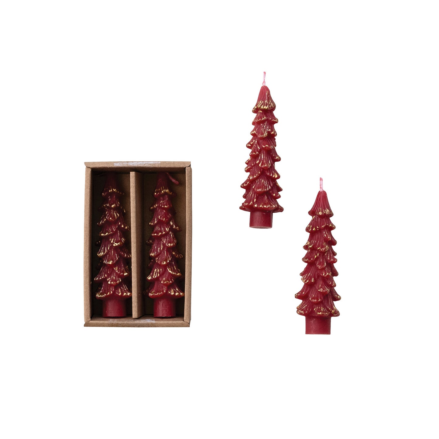 S/2 Unscented Tree Shaped Taper Candles w Gold Tips, BURG