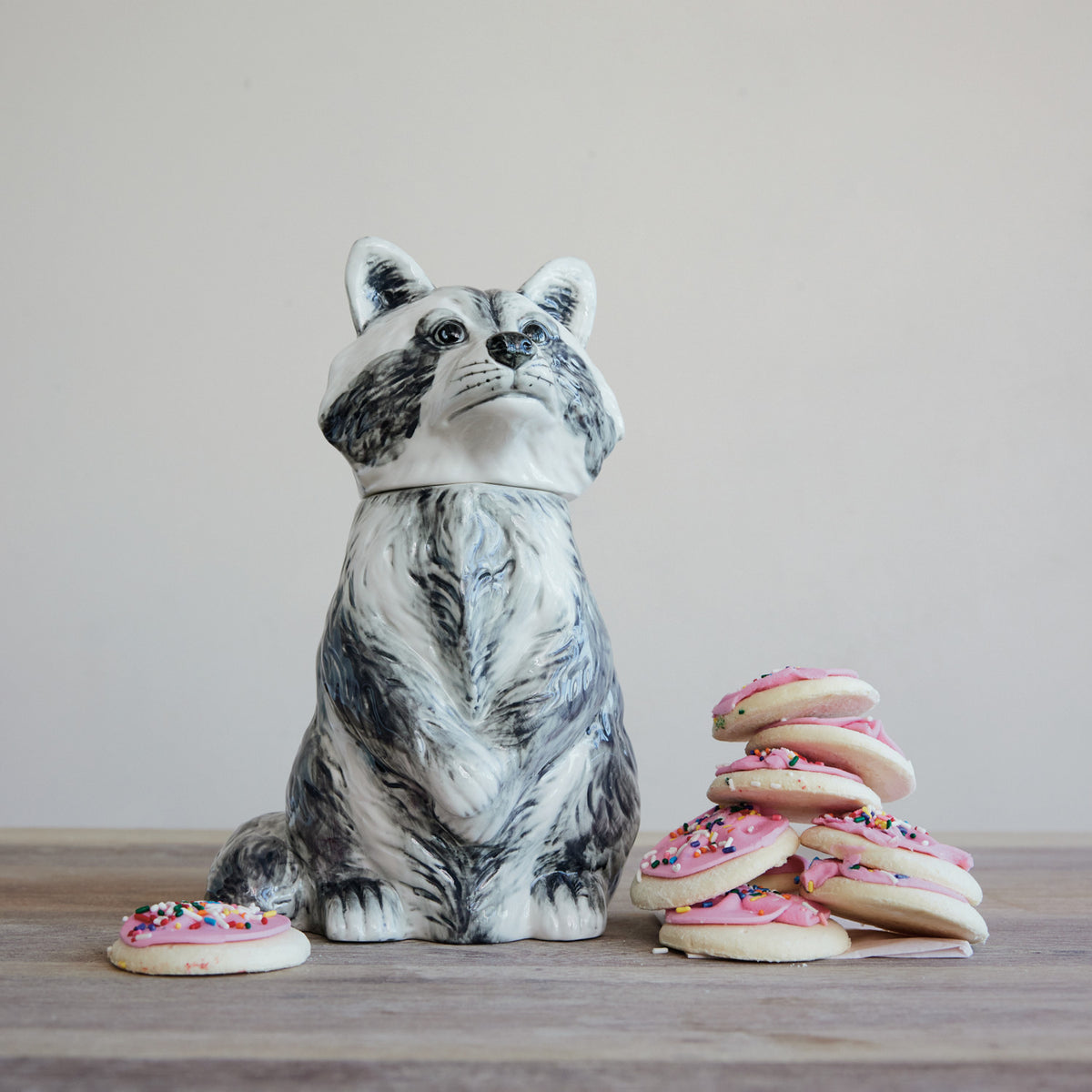 Hand-Painted Stoneware Raccoon Shaped Cookie Jar