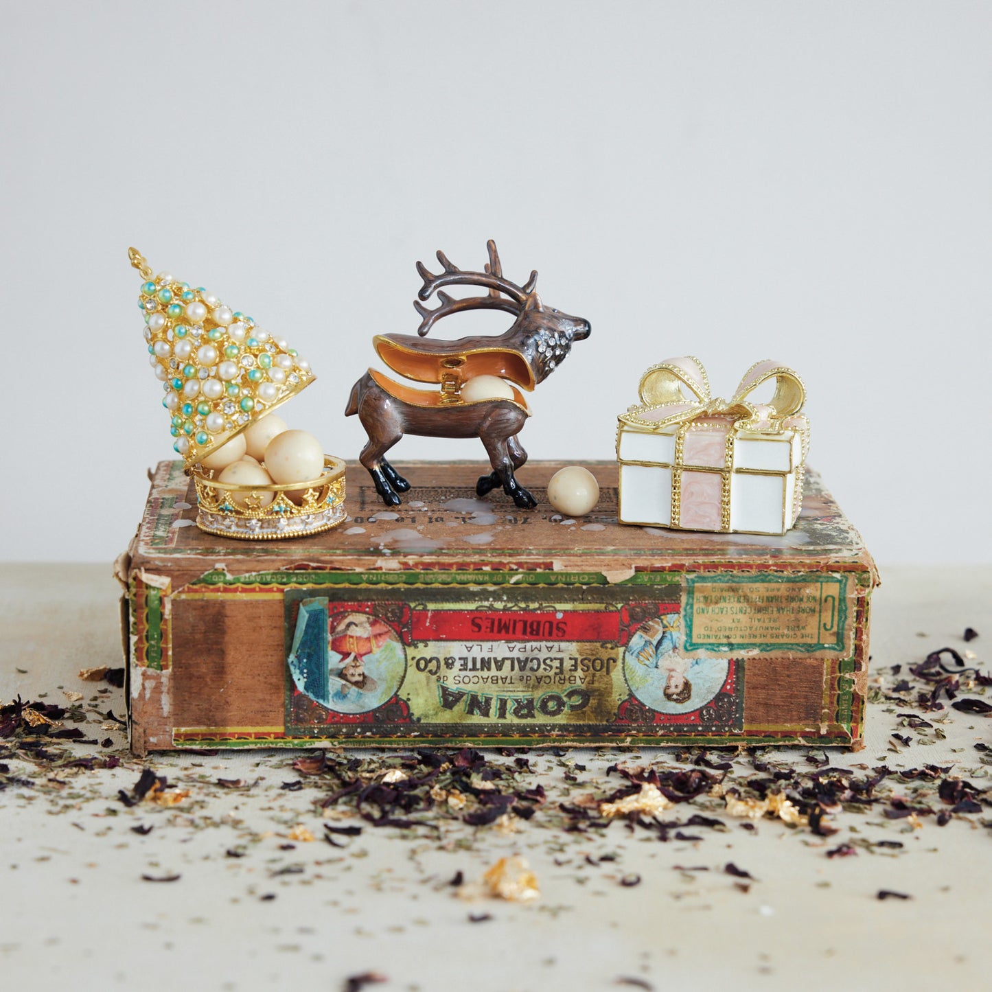 Enameled Metal Tree Shaped Trinket Box w- Jewels