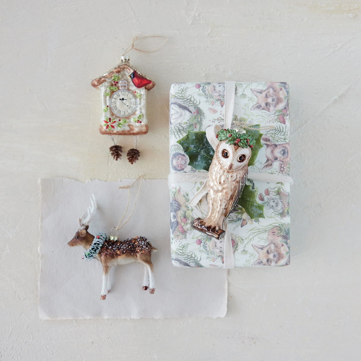 Hand-Painted Glass Deer Ornament with Wreath, Sequins, Beads & Glitter
