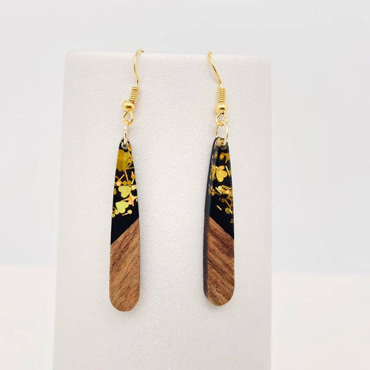 Black with Gold Glitter Geometric Wooden Resin Splicing Earrings