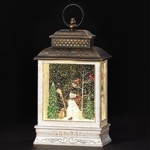 LIGHTED SWIRL SNOWMAN SQUARE LANTERN WITH ANIMALS 10.5"H