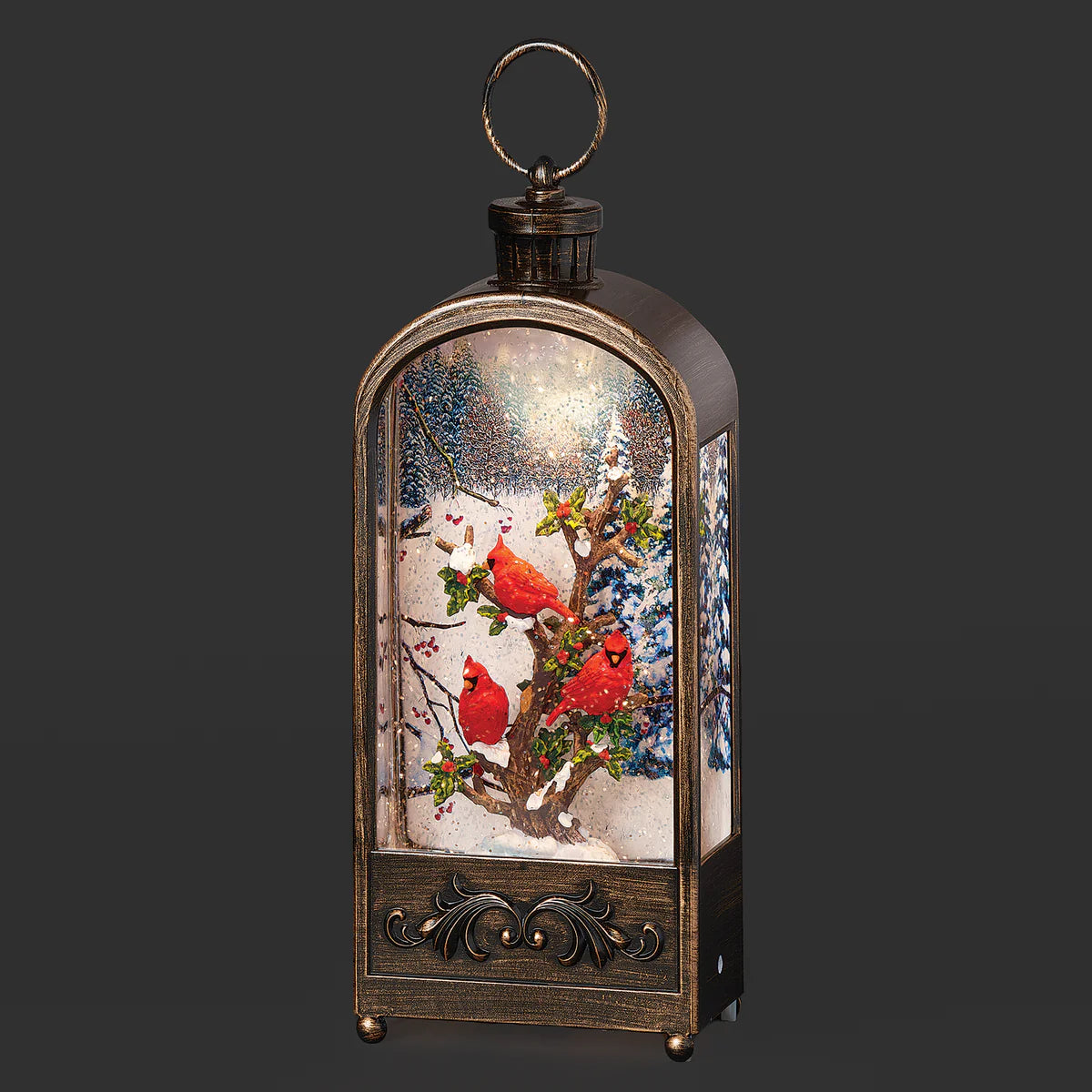 11.75"H Confetti Lites Lighted Swirl Bronze Arch Lantern with Cardinals