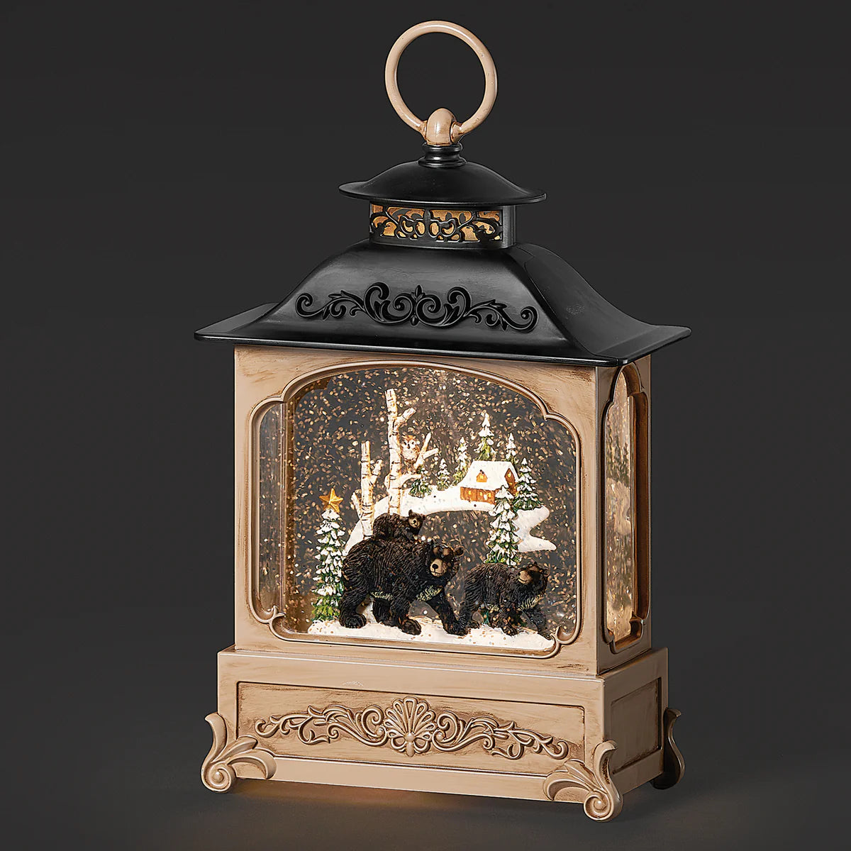 10.5"H Confetti Lites Lighted Swirl Lantern with Bear Family with Cabin Scene