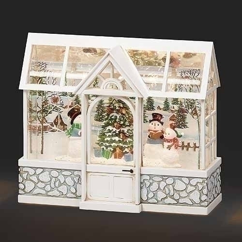 8"H LIGHTED SWIRL GREENHOUSE SNOWMAN CHOIR