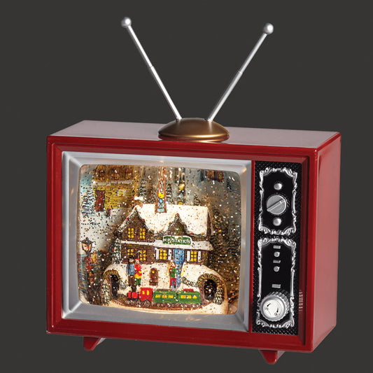 6.5" Lighted Swirl TV with a North Pole Station Rotating Train
