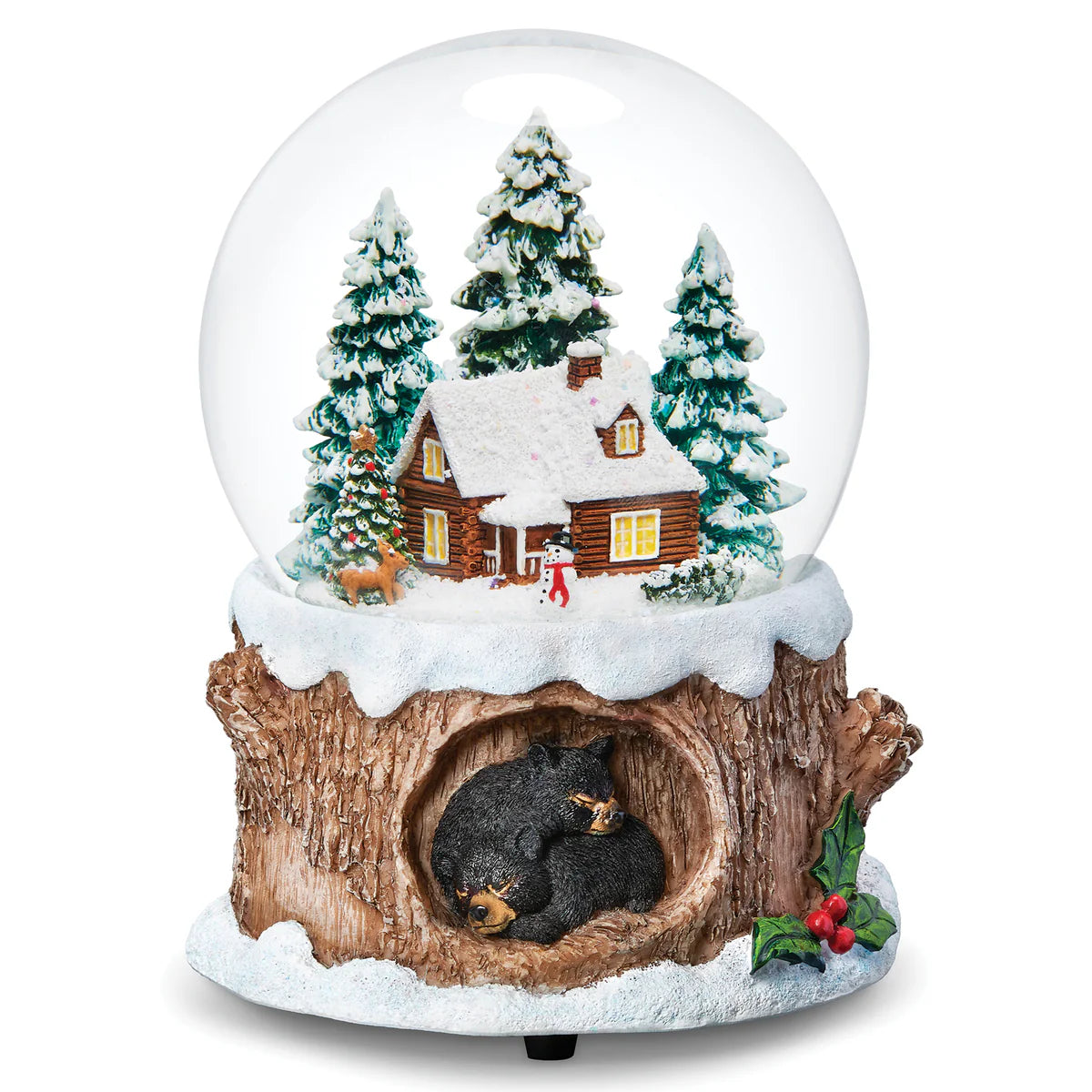 5" Glitterdome Musical Cabin w/ Black Bears Base – "Silent Night" Tune