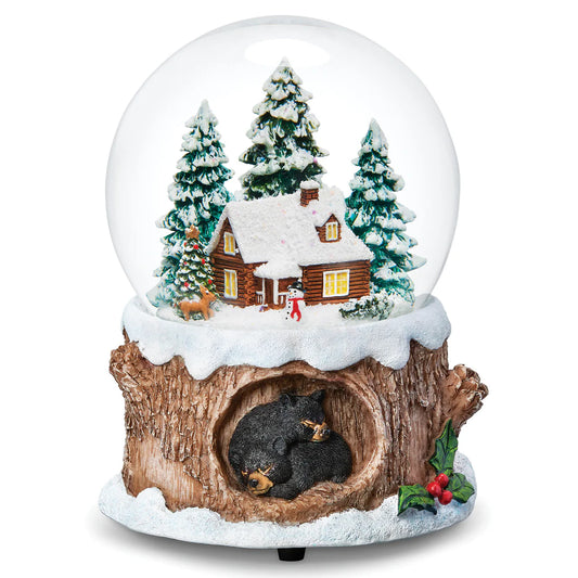 5" Glitterdome Musical Cabin w/ Black Bears Base – "Silent Night" Tune