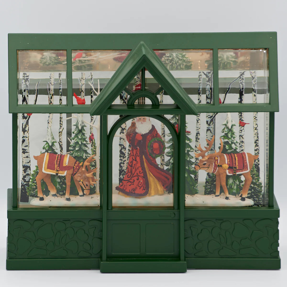 8"H Confetti Lites Lighted Swirl Greenhouse with Santa, Reindeer & Cardinals