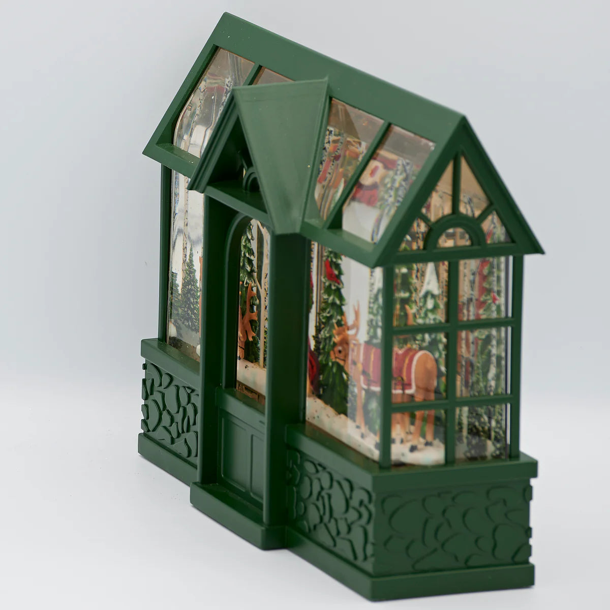 8"H Confetti Lites Lighted Swirl Greenhouse with Santa, Reindeer & Cardinals