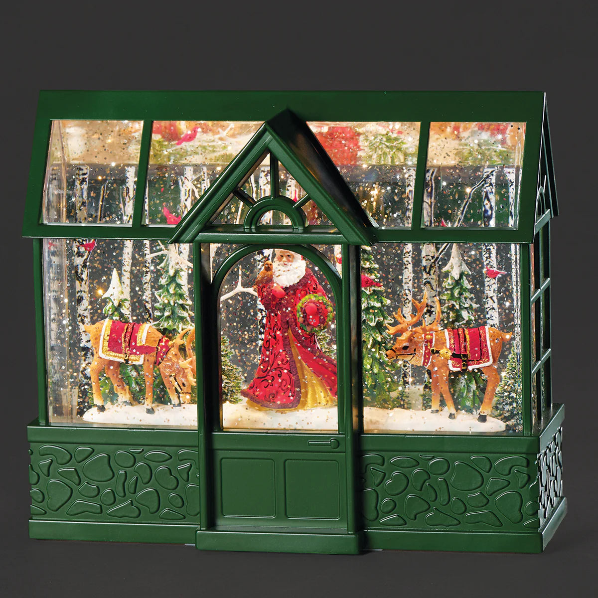 8"H Confetti Lites Lighted Swirl Greenhouse with Santa, Reindeer & Cardinals