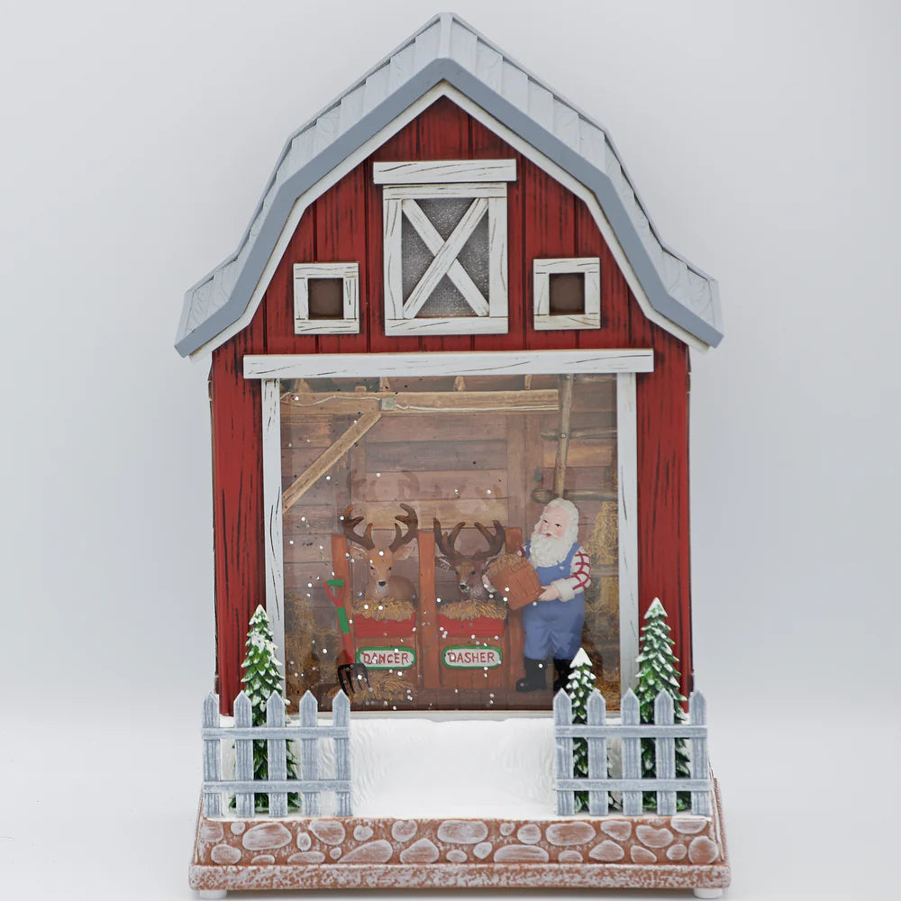10"H Confetti Lites Lighted Swirl Barn with Santa Feeding Reindeer