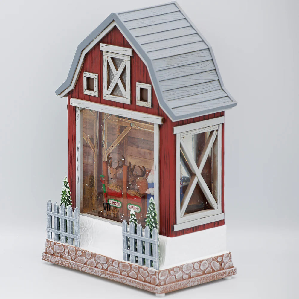 10"H Confetti Lites Lighted Swirl Barn with Santa Feeding Reindeer