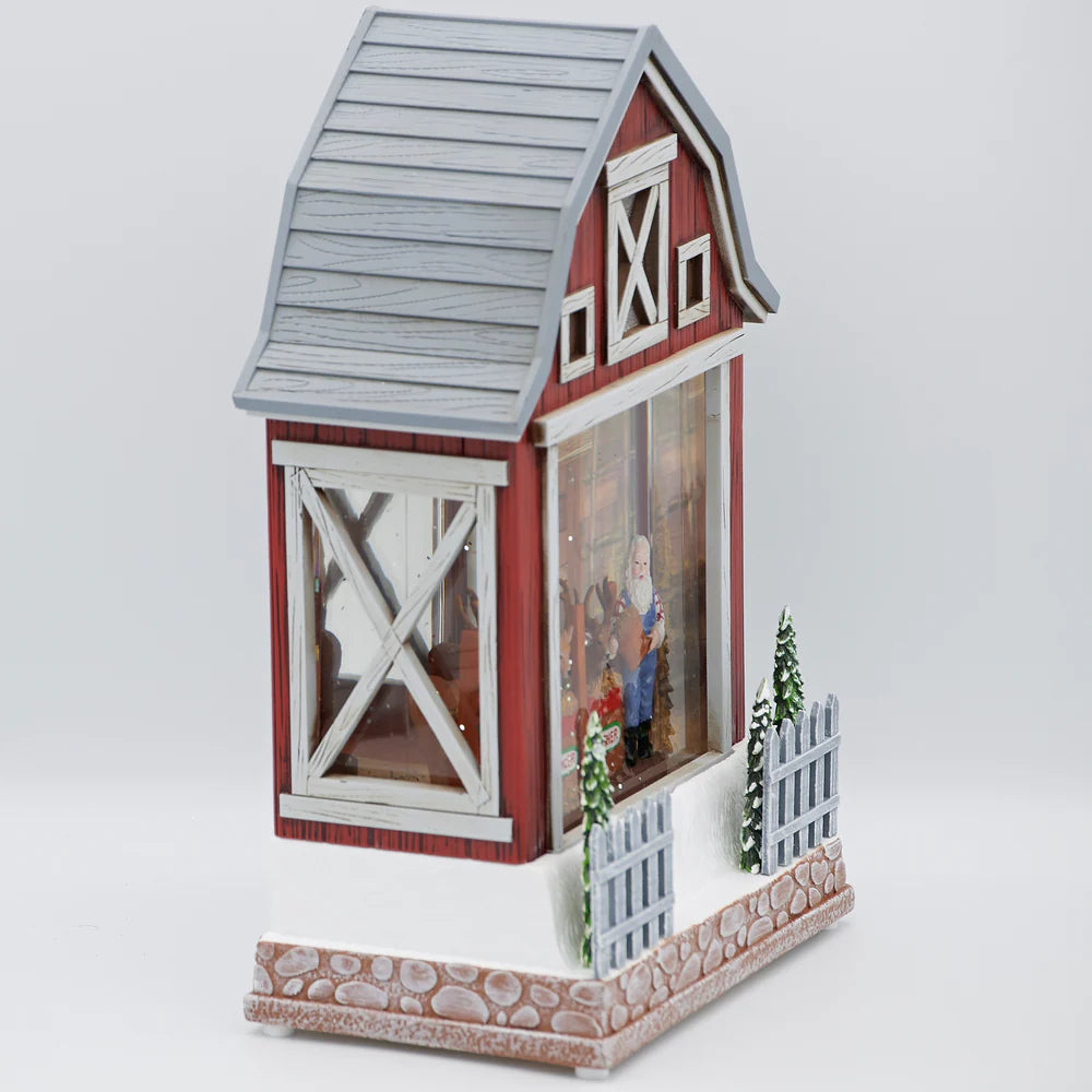 10"H Confetti Lites Lighted Swirl Barn with Santa Feeding Reindeer