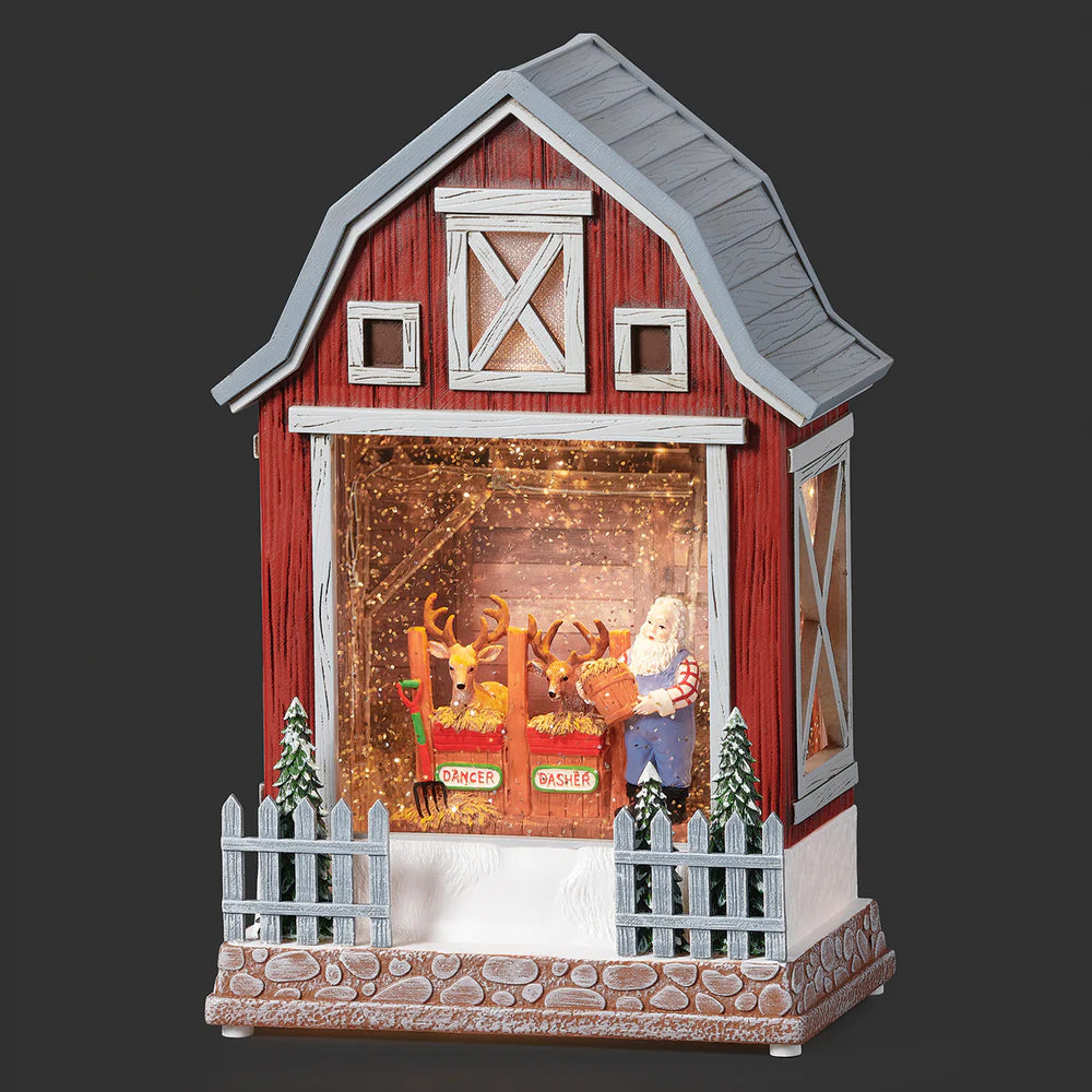 10"H Confetti Lites Lighted Swirl Barn with Santa Feeding Reindeer